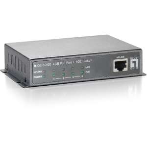 LevelOne GEP-0520 Gigabit PoE Switch, elülső nézet feliratokkal - LevelOne