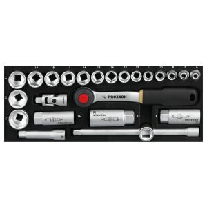 Proxxon 24-teiliges 3/8" Steckschlüssel-Set mit Ratsche, Verlängerungen und Kardangelenk - Steckschlüssel