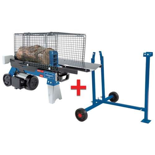 Scheppach HL 760 LS log splitter with log support stand, 7 ton splitting force, electric powered, blue and black