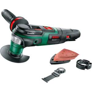 Bosch AdvancedMulti 18 cordless oscillating multi-tool with accessories, including sanding pads, saw blades, and a wrench - Bosch