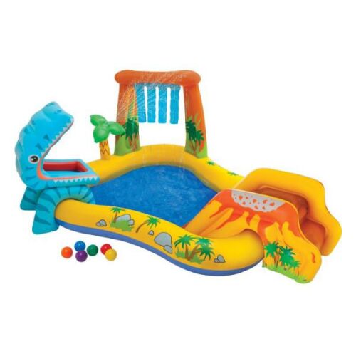 Intex Dinosaur Play Center inflatable kiddie pool with dinosaur, slide, and waterfall on white background