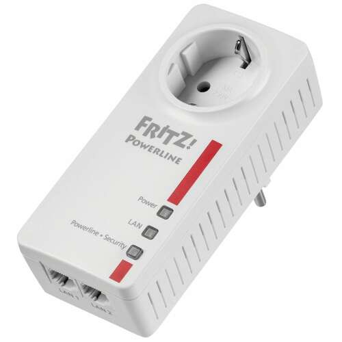 Adaptor Powerline AVM FRITZ!Powerline 1220E, alb, 2 porturi LAN, priză integrată
