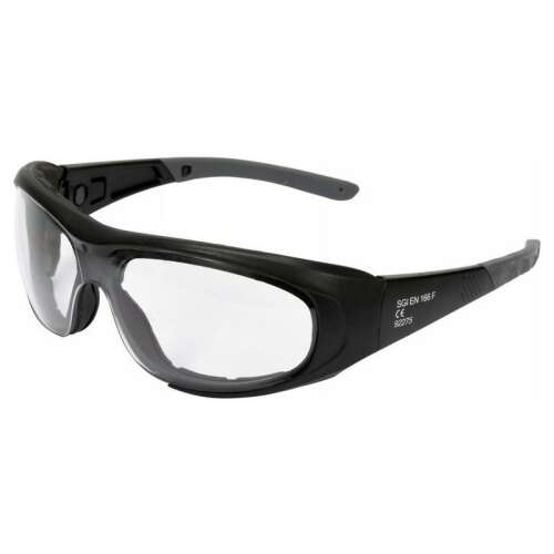 YATO clear safety glasses with rubber strap and temple, angled view