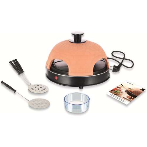 Emerio PO-115985 Pizza sütő terrakotta kupolával, 4 szigetelt tálcával, spatulával, tapadásmentes bevonattal, pizza tészta formával, jelzőlámpával, GS A13 szabványnak megfelelő, hőálló ház