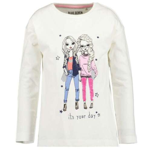 Dlhý rukáv Blue Seven pre dievčatá s potlačou dvoch dievčat, biely s farebným tlačou