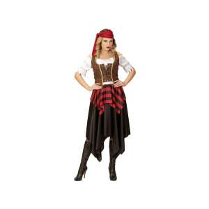 Costum de pirat pentru femei, mărime XL, vestă maro, fustă roșie și neagră, cămașă albă, bandă roșie pentru cap - Modă și îmbrăcăminte