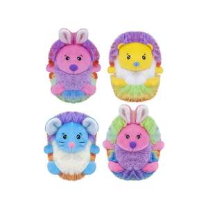 Assortment of 4 plush toys, each 10 cm tall, featuring a different animal design: a pink bunny, a yellow lion, a blue mouse, and a purple bunny. All toys are made of soft, fluffy material and have a rainbow-colored design. - Plush Toy