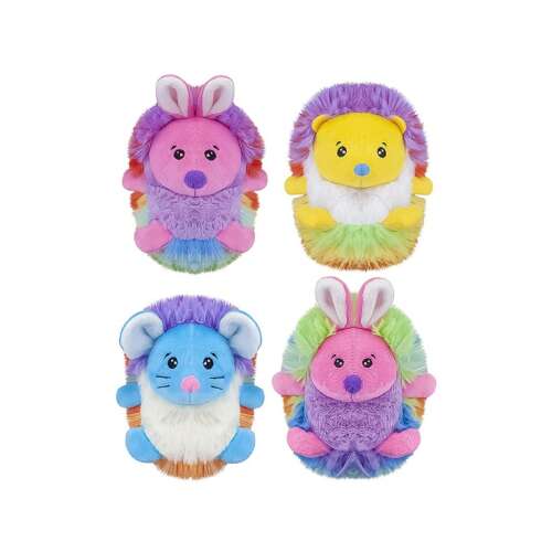 Assortment of 4 plush toys, each 10 cm tall, featuring a different animal design: a pink bunny, a yellow lion, a blue mouse, and a purple bunny. All toys are made of soft, fluffy material and have a rainbow-colored design.