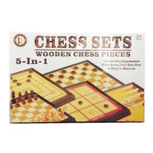 Set de joc de călătorie din lemn 5-în-1 cu șah, dame, backgammon, x și 0 și 9 oameni - Domino, șah