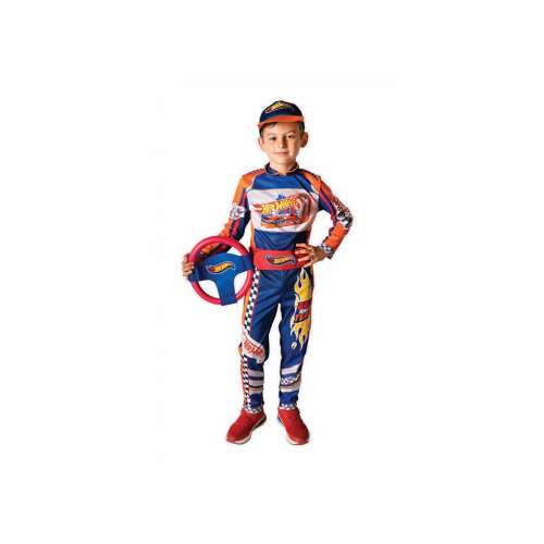 Hot Wheels autóversenyző jelmez fiúknak, 5-7 éves korig, overállal, sapkával és kormánykerékkel - Hot Wheels