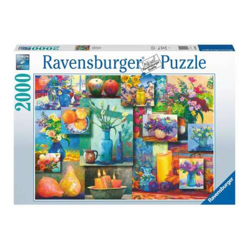 Puzzle Ravensburger 2000 de piese, Frumusețile vieții, prezentând un colaj de picturi cu natură statică cu flori, fructe și lumânări