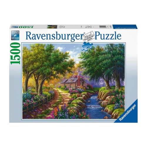Ravensburger 1500 piece puzzle, House by the River, featuring a charming cottage in a forest setting