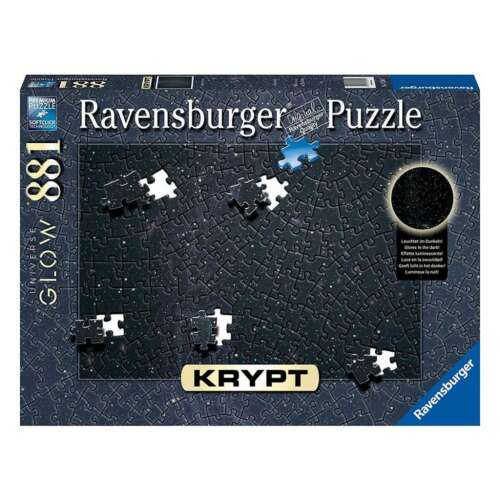 Ravensburger 881 piece Krypt Universe Glow puzzle box, featuring a black and white image of the universe with a glow-in-the-dark effect