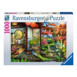 Puzzle Ravensburger 1000 dielikov, Kyoto japonská záhrada a čajovňa, zobrazujúci krásnu japonskú záhradu s pávím, čajovňou a mostom - Ravensburger Puzzle