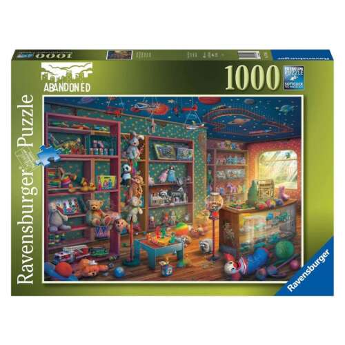 Ravensburger 1000 dieľny puzzle, Tattered Toy Store, zobrazujúci starožitný obchod s hračkami plný hračiek a drobností