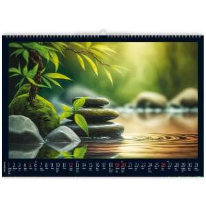 Realsystem 2024 Meditation Wall Calendar, featuring a serene image of stacked stones in a pond with green foliage - REALSYSTEM