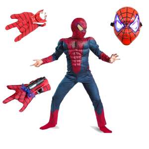 Pókember jelmez, izom párnákkal, 5-7 éves gyerekeknek, 2 tapadókorongos nyíl kilövővel és műanyag LED maszkkal, piros 71584453 "Pókember"  Jelmezek gyerekeknek