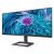 Šikmý pohľad spredu na monitor Philips 346E2LAE 34-palcový Ultrawide QHD zobrazujúci kvetinovú tapetu