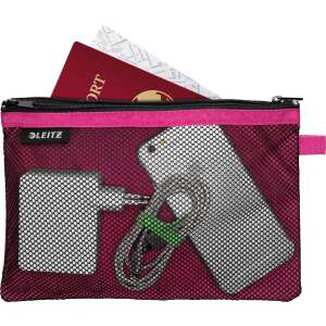 Leitz Wow pink mesh travel organizer with zipper, showing passport, phone, and charger inside - Dressing Accessory