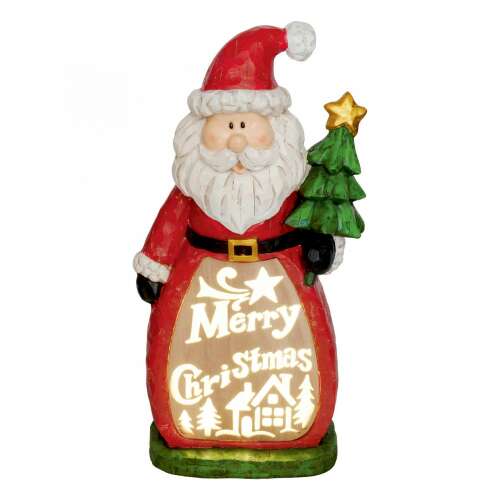 LED-beleuchtetete Keramik-Figur von Nikolaus mit Weihnachtsbaum, Aufschrift Merry Christmas und Winterlandschaft