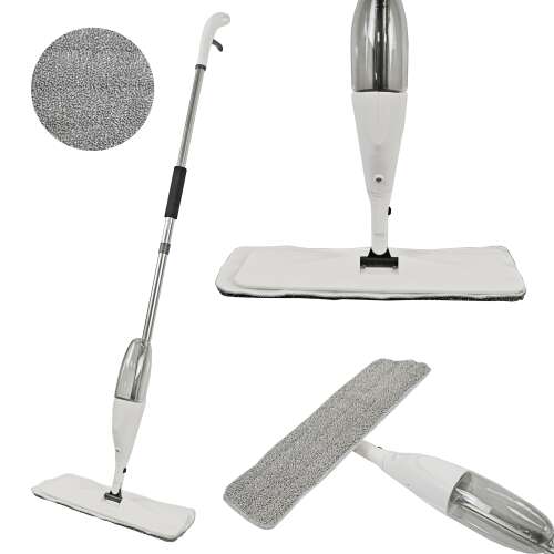 Spray mop with microfiber pad, spray bottle, and telescopic handle, white and grey