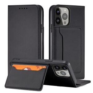 Collage of iPhone 14 Black Magnetic Wallet Case Features - Phone Case