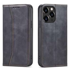Black leather wallet case for iPhone 14 Plus with magnetic closure and stand function - Phone Case
