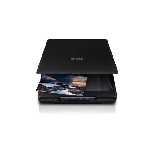 Epson Perfection V39II photo and document scanner, black, flatbed, open lid, scanning a photo