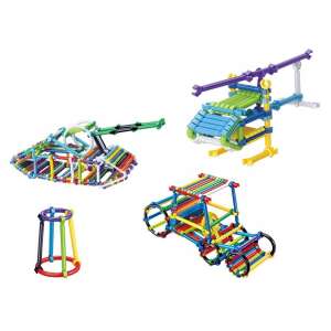 Askato Blocks Sticks 360 darabos építő készlet, bemutatja a készlettel építhető szerkezetek példáit, beleértve egy tankot, helikoptert, autót és egy állványt - Műanyag építőjáték