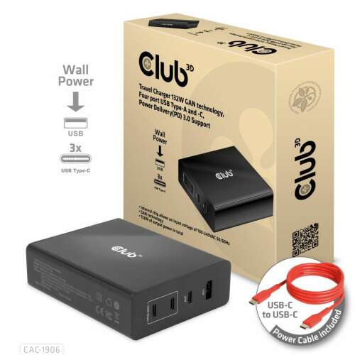 Mrežni punjač Club 3D USB-A / 3xUSB-C - Crni (132W) 93381186
