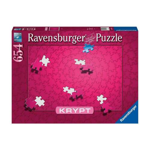 Ravensburger Krypt Pink 654 piece jigsaw puzzle box, featuring a pink background with a spiral pattern and a few puzzle pieces