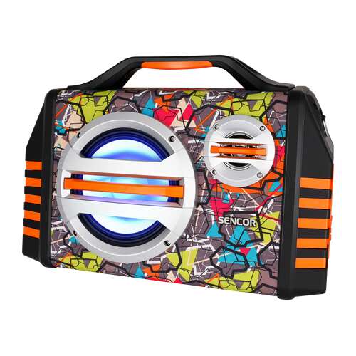 Sencor SSS 3200 Bluetooth speaker with colorful design, black and orange color
