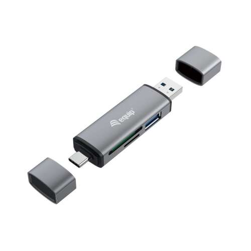 Equip 245460 OTG USB 3.0 Kartenleser mit USB-Hub, grau, für SD, MicroSD, USB-Stick, kompatibel mit Android- und iOS-Geräten