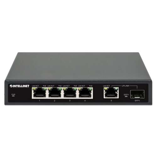 Intellinet 561822 Gigabit Switch, vedere din față, 4 porturi PoE, 1 port Gigabit RJ45, 1 port Gigabit SFP