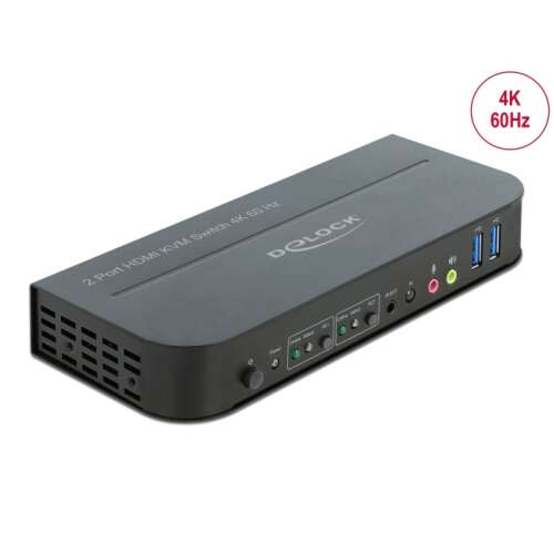 Delock 11481 2 Port HDMI KVM Switch 4K 60Hz USB 3.0, negru, comutator KVM HDMI cu 2 porturi cu hub USB 3.0, rezoluție 4K 60Hz