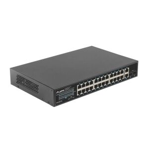 Ukośny widok 24-portowego przełącznika Gigabit PoE Lanberg RSGE-24P-2GE-2S-25 - Przełącznik