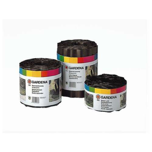 Gardena 20 cm x 9 m brown plastic garden edging roll, 3 different sizes on white background
