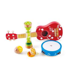 Hape Mini Band Set, 5 piece musical instrument set for kids, includes ukulele, tambourine, maracas, castanets, and a rain stick - Hape
