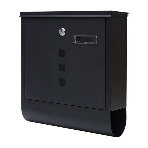 Black mailbox with clear window, lock, and newspaper holder