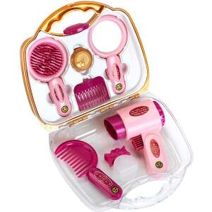 Klein Toys Princess Coralie fodrász készlet táskában, nyitott nézet, amely bemutatja a hajszárítót, tükröt, fésűt és egyéb hajformázó eszközöket - Klein