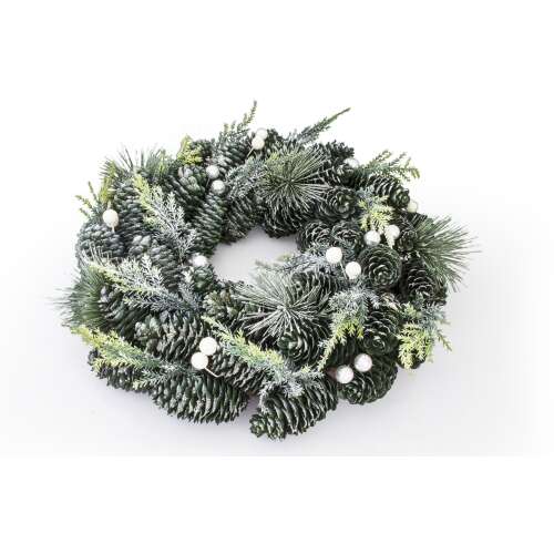 Adventski vijenac Retlux RXL432 33 cm, zelen, s borovima i bijelim bobicama