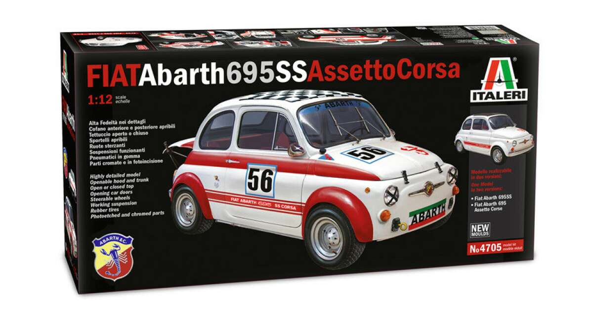 Italeri 4705S Fiat 4705-1:12 Abarth 695 SS/Assetto Corsa, model building, building kit, standing model building, unpainted