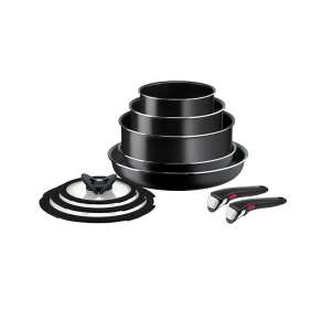 Set de vase pentru gătit Tefal Ingenio Easy Cook & Clean, 10 piese, oale și tigăi neaderente negre, mânere detașabile, capace din sticlă - Veselă