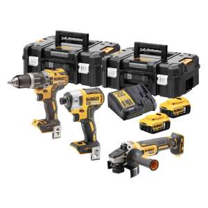 Set combinat de scule electrice cu acumulator DEWALT 18V cu burghiu, șurubelniță cu impact, polizor unghiular, baterii, încărcător și cutii - Seturi de scule electrice cu acumulator