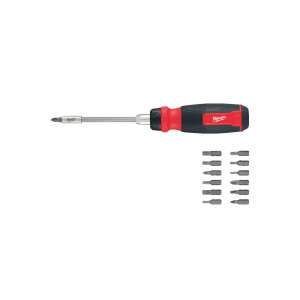 Milwaukee 14-in-1 ratcheting screwdriver set, featuring a red and black handle, 14 different bits, and a power drill compatible bit holder - Milwaukee Screwdriver