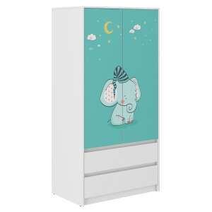 Dulap B9 cu 2 uși și 2 sertare, design cu elefant, alb și albastru, pentru copii - Dulapuri pentru copii