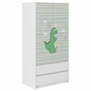 Dulap pentru copii B9 cu design dinozaur, dulap alb cu 2 uși și 2 sertare - Dulapuri pentru copii