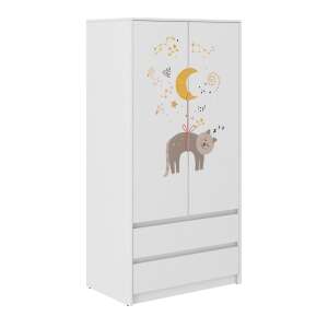 Dulap B9 cu 2 uși și 2 sertare, alb, cu design cu lună și pisică - Dulapuri pentru copii