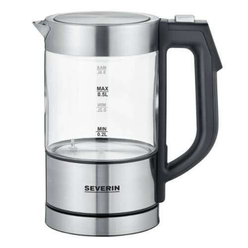 Severin WK 3458 0,5L üveg vízforraló rozsdamentes acél talppal, a forraló a talpon