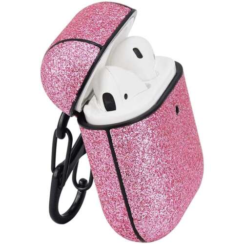 Ružové trblietavé ochranné puzdro pre Apple AirPods s čiernym karabínou
